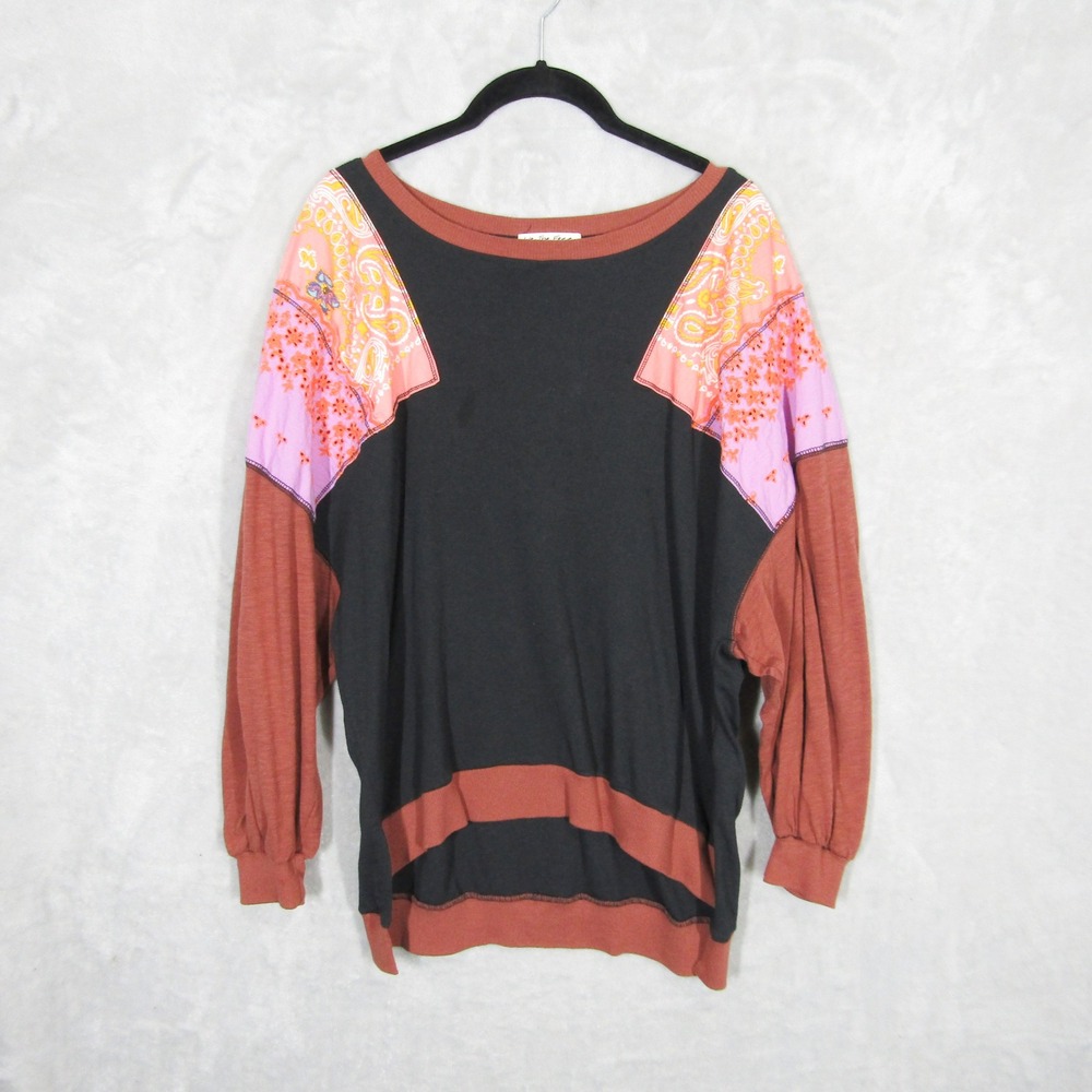 We The Free Free People Mixed Print Oversized Long Sleeve Tee Black Rust Small